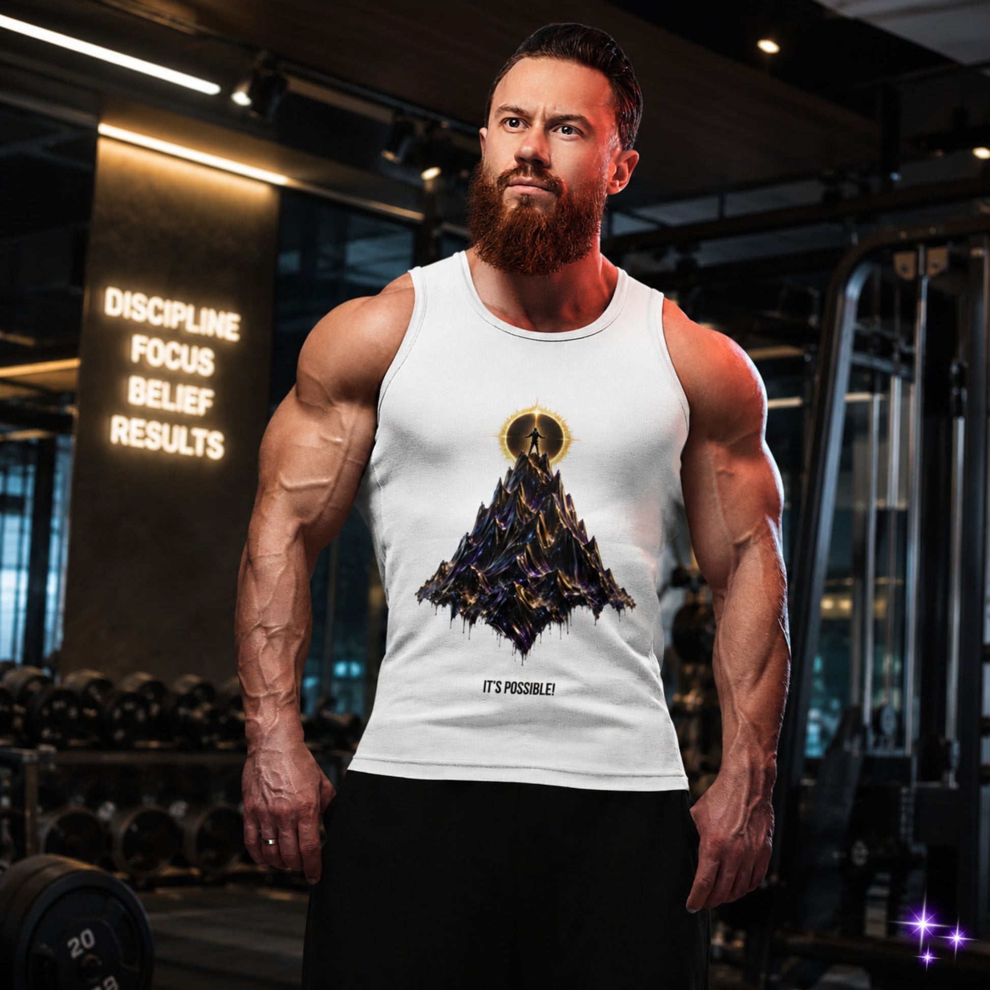 Muscular man wearing a tank top with a mountain design in a gym setting