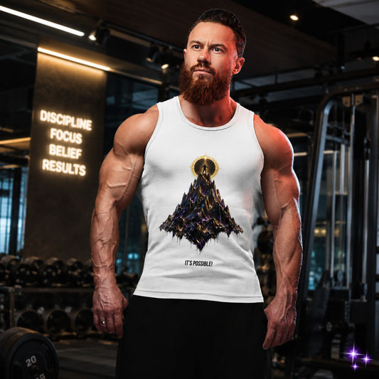 Muscular man wearing a tank top with a mountain design in a gym setting