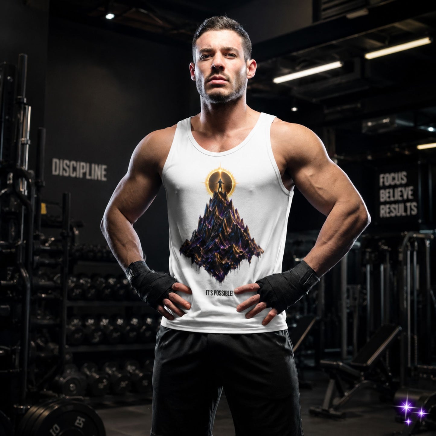 Muscular man in a gym wearing a tank top with a mountain design.