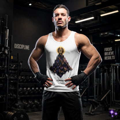 Muscular man in a gym wearing a tank top with a mountain design.