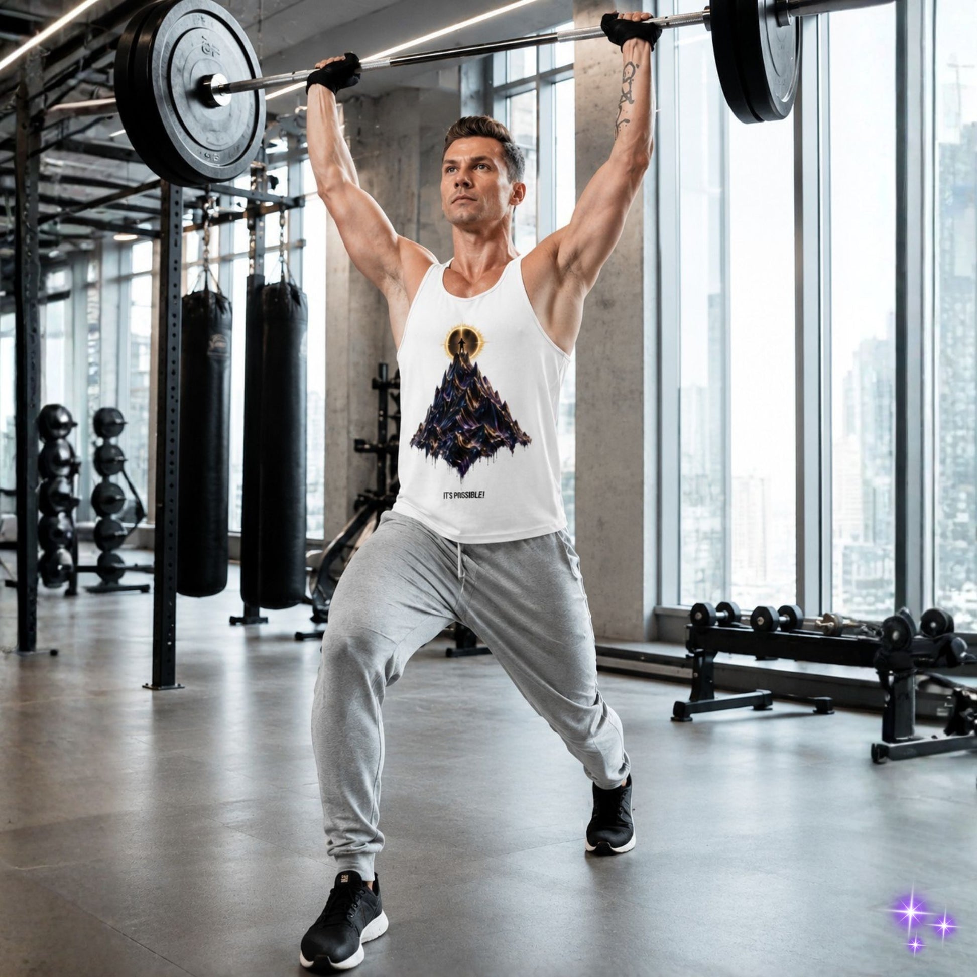 Man lifting weights in a gym with large windows