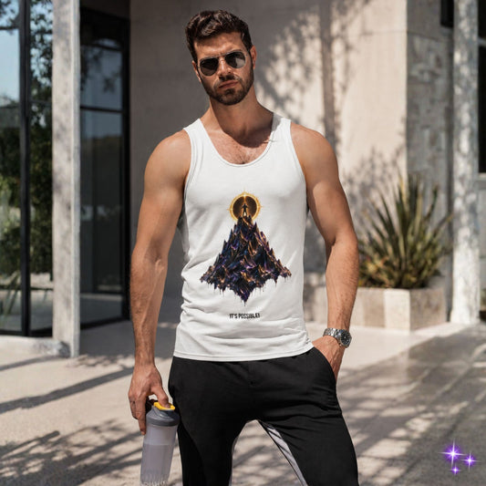 Man wearing a white tank top with a graphic design outdoors
