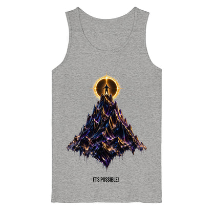Gray tank top with a mountain and person graphic and 'It's Possible' text on a white background