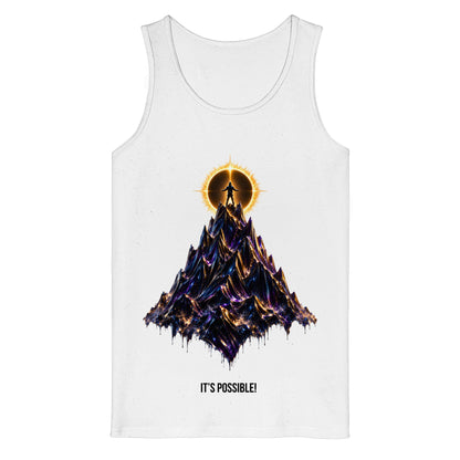 White tank top with a mountain graphic and 'It's Possible!' text on a white background