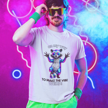 On my way to make the vibe weird Raccoon Shirt in white, made from organic cotton. Front view showing print.