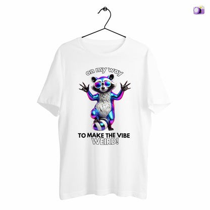 On my way to make the vibe weird Raccoon Shirt in white, made from organic cotton. Front view showing print. Shirt showcased on a hanger.