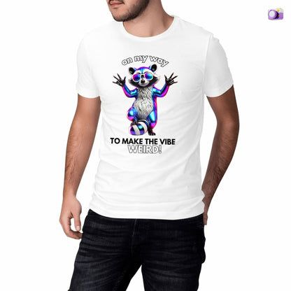 On my way to make the vibe weird Raccoon Shirt in white, made from organic cotton. Model showcasing front print.