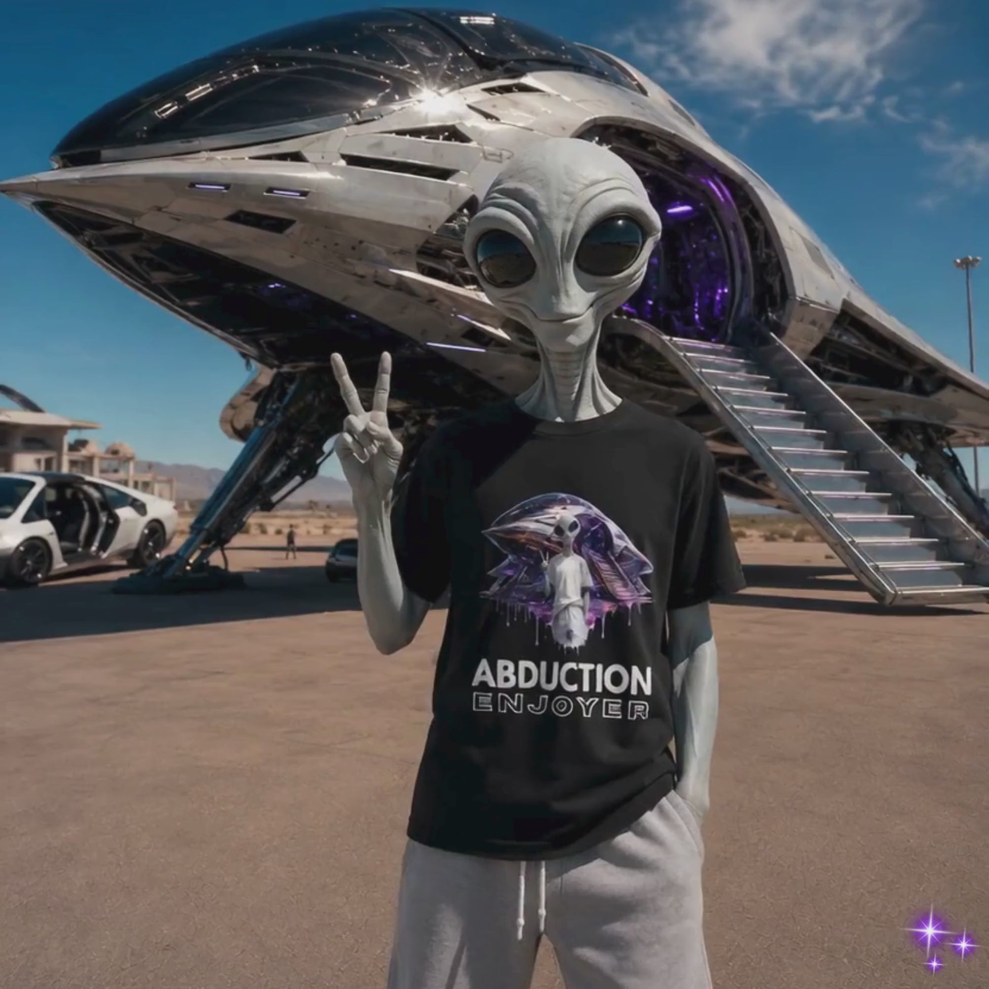 Alien wearing a black shirt with a graphic print standing in front of his spaceship.