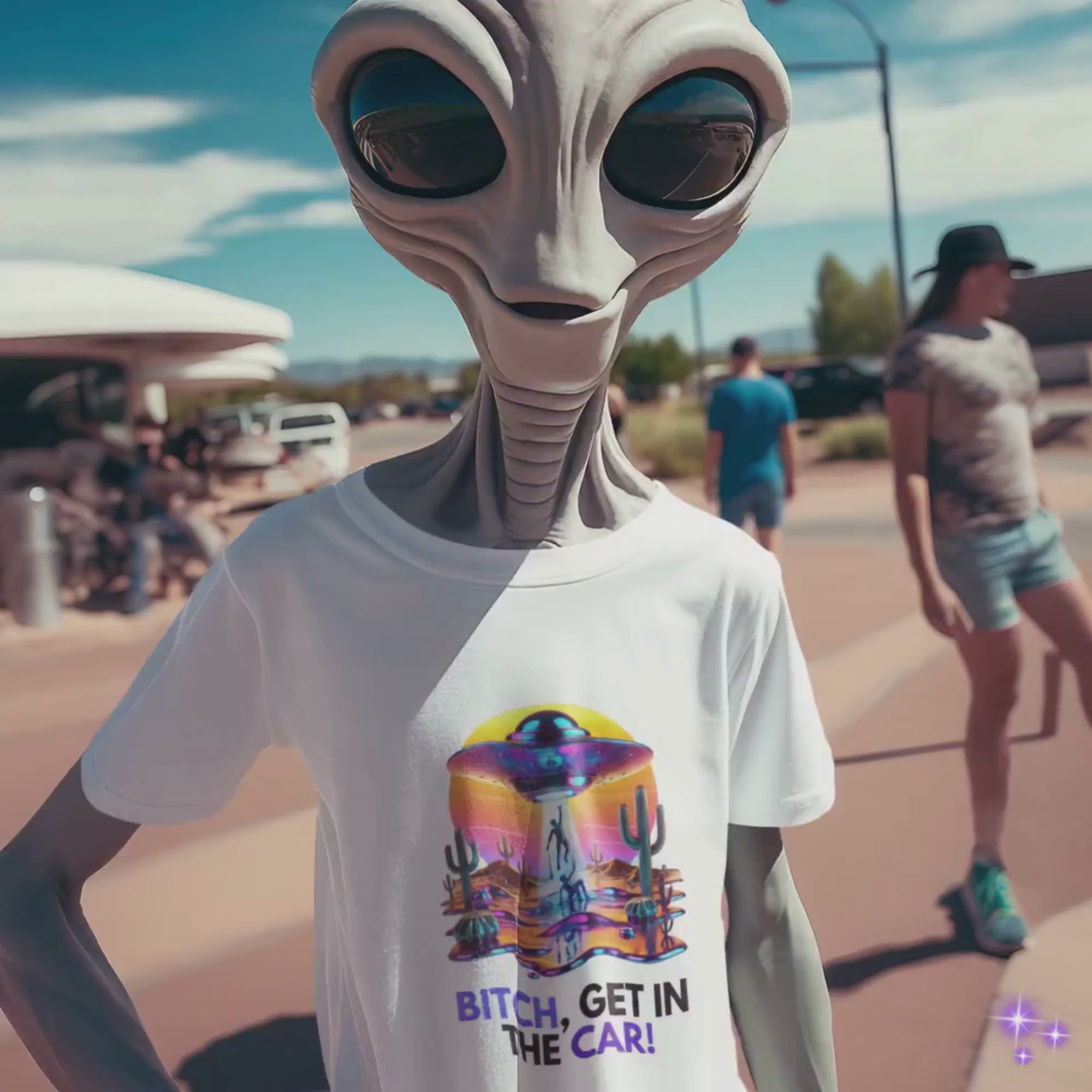 Alien wearing a white shirt in a social setting. 