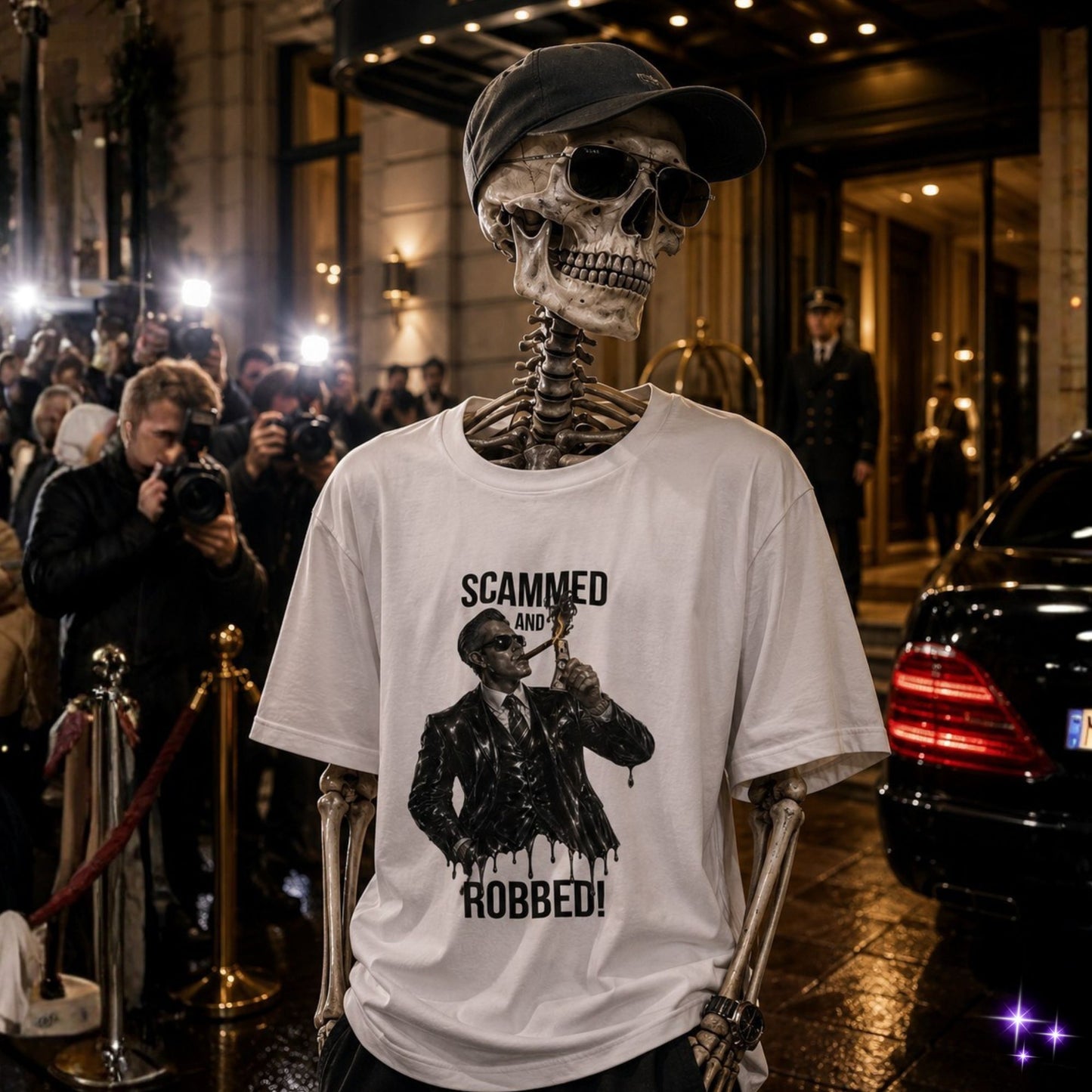 Skeleton wearing a white t-shirt with a graphic design and text on a city street.