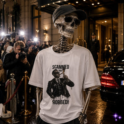 Skeleton wearing a white t-shirt with a graphic design and text on a city street.