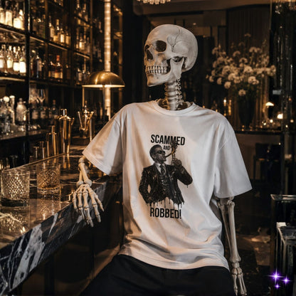 Skeletal figure wearing a t-shirt with a graphic design in a bar setting