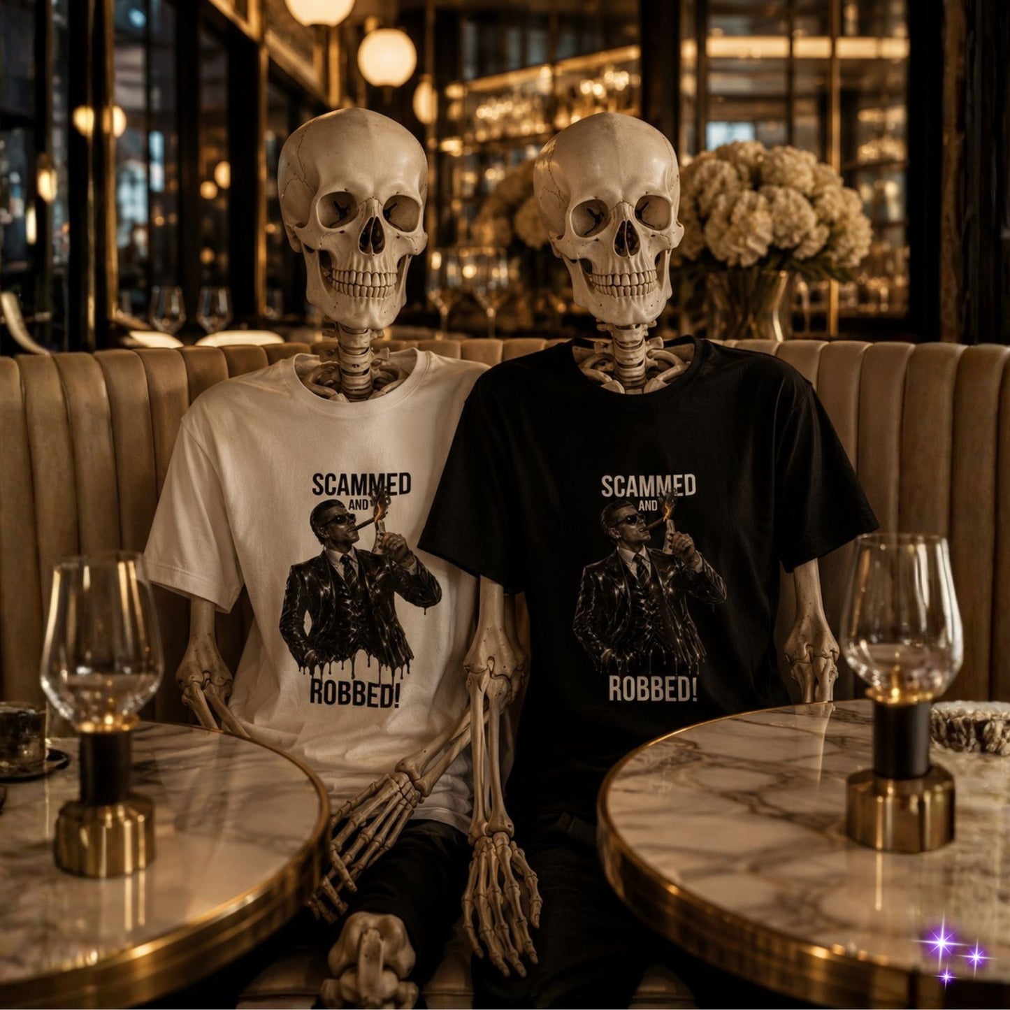 Two skeletons wearing t-shirts with a graphic design in a bar setting.