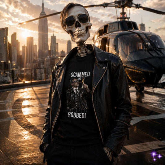 Skeleton wearing a black jacket with a cityscape and helicopter in the background