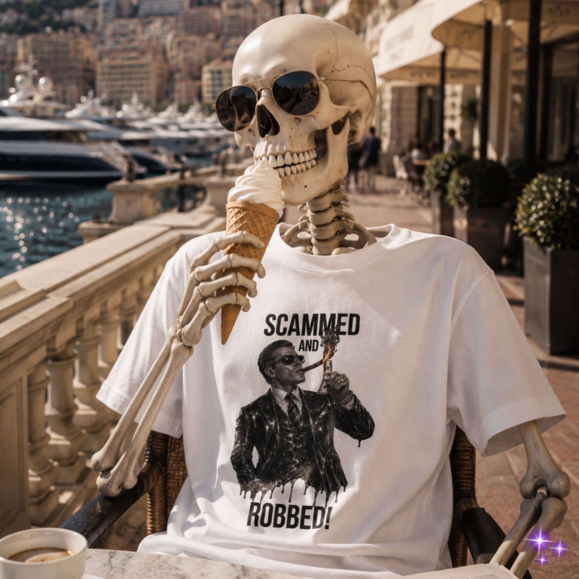 Skeletal figure wearing a t-shirt with a graphic design, sitting by a waterfront with yachts and buildings in the background.