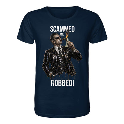 Navy blue t-shirt with a graphic of a man in a suit and sunglasses, smoking a cigar, with text 'Scammed and Robbed!' on a white background.