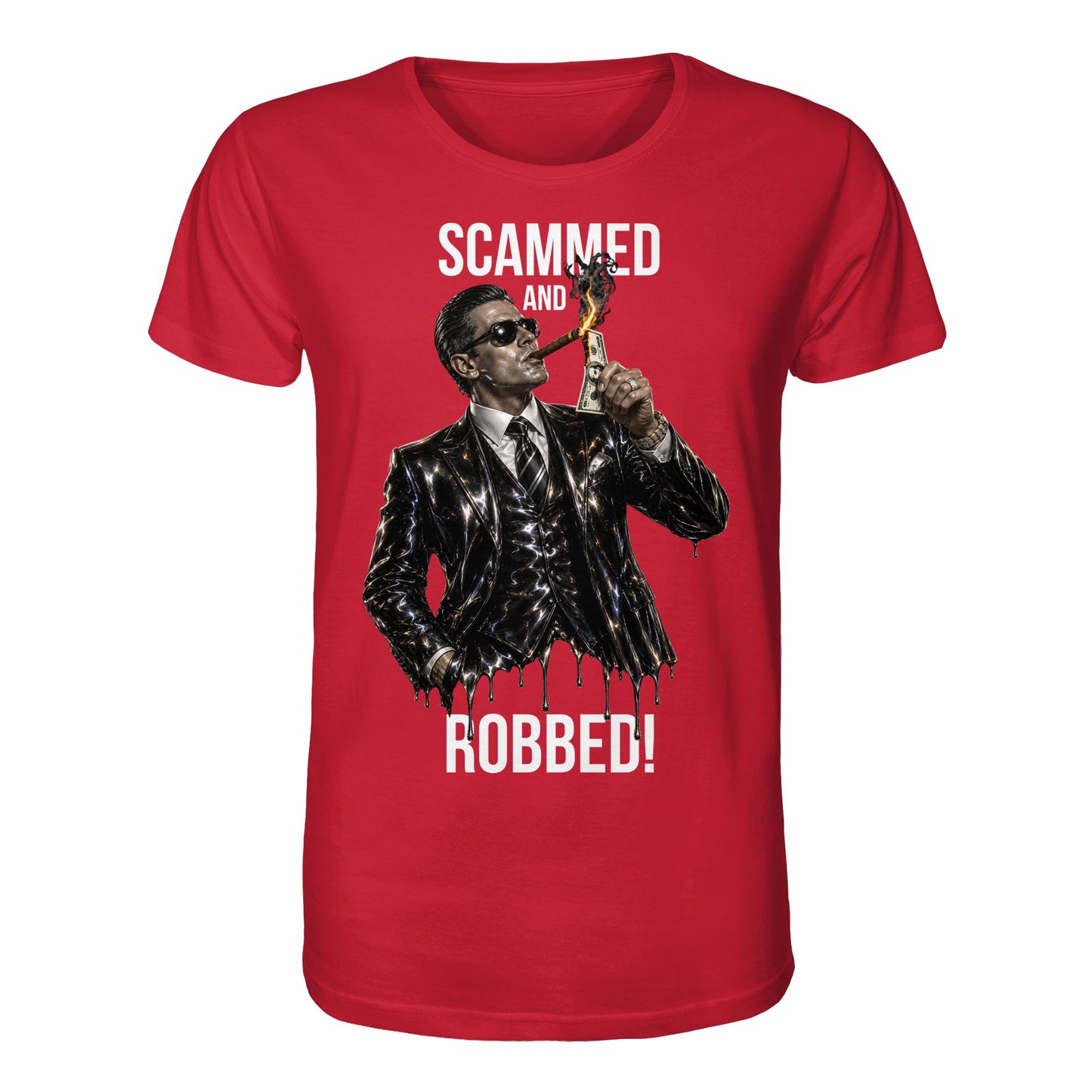 Red t-shirt with graphic design and text on a white background