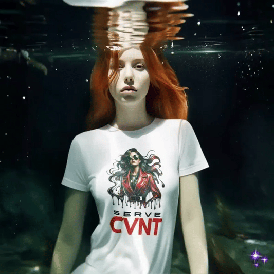 Person wearing a white t-shirt with a graphic design underwater