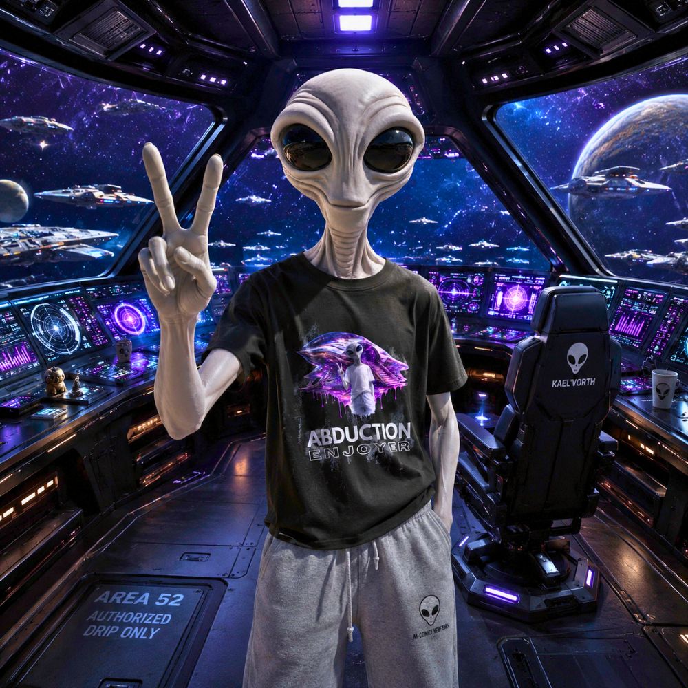 Alien with a graphic t-shirt in a mountainous landscape