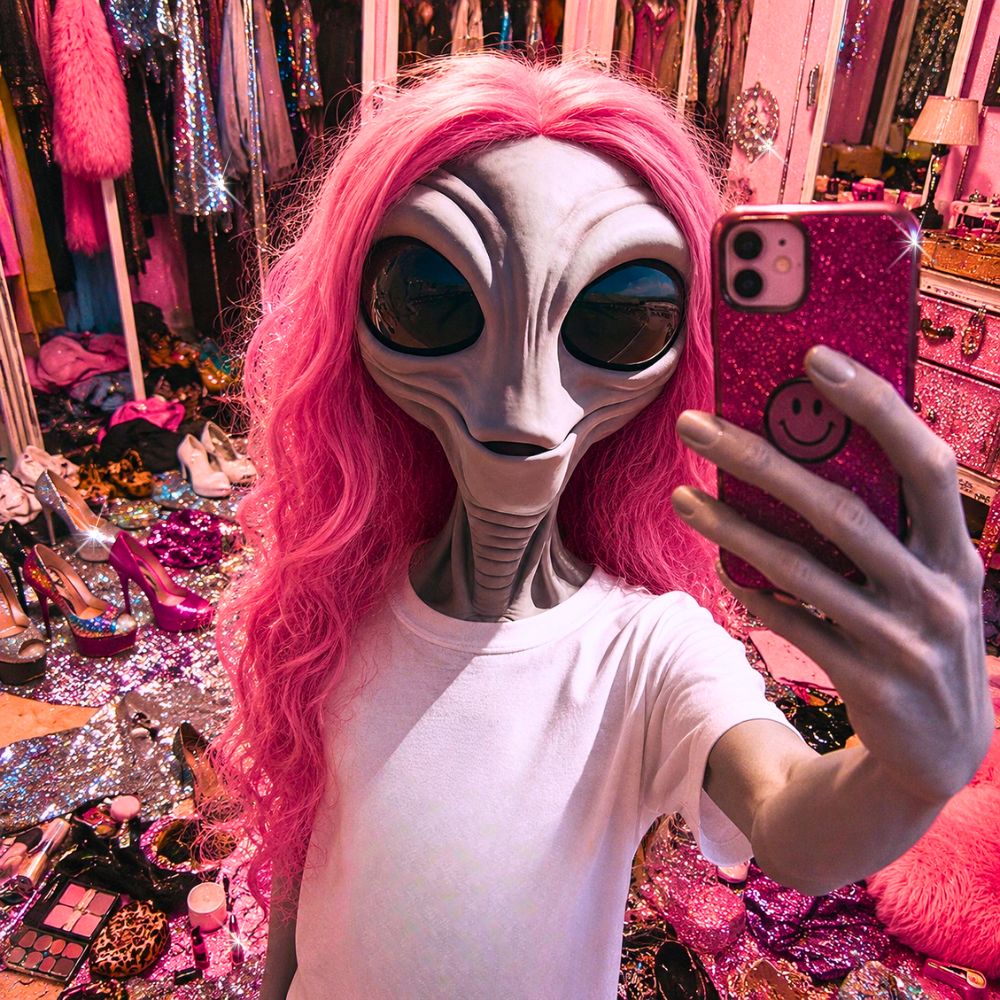 Alien wearing a pink wig and a hoodie with text and graphic design.