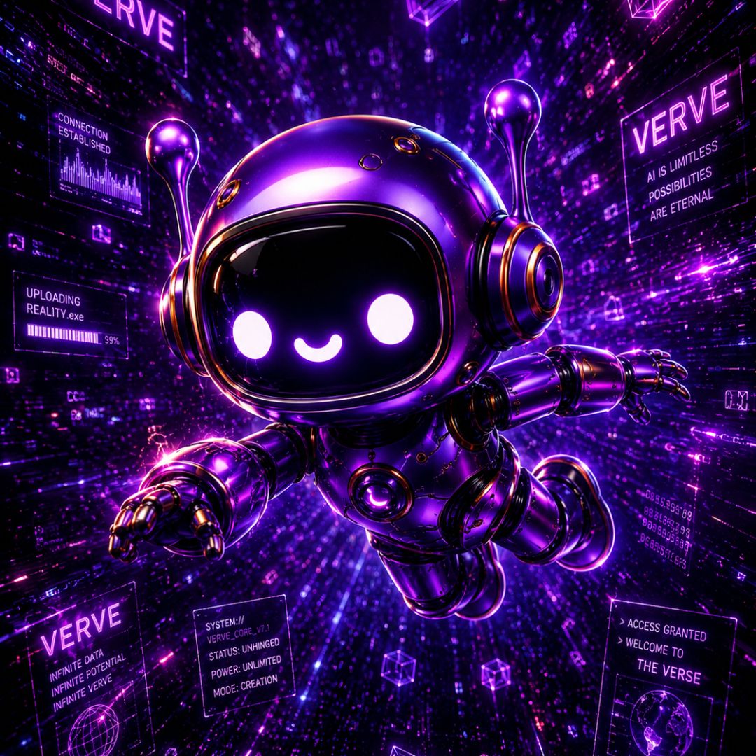 Verve the robot floating through cyber space.