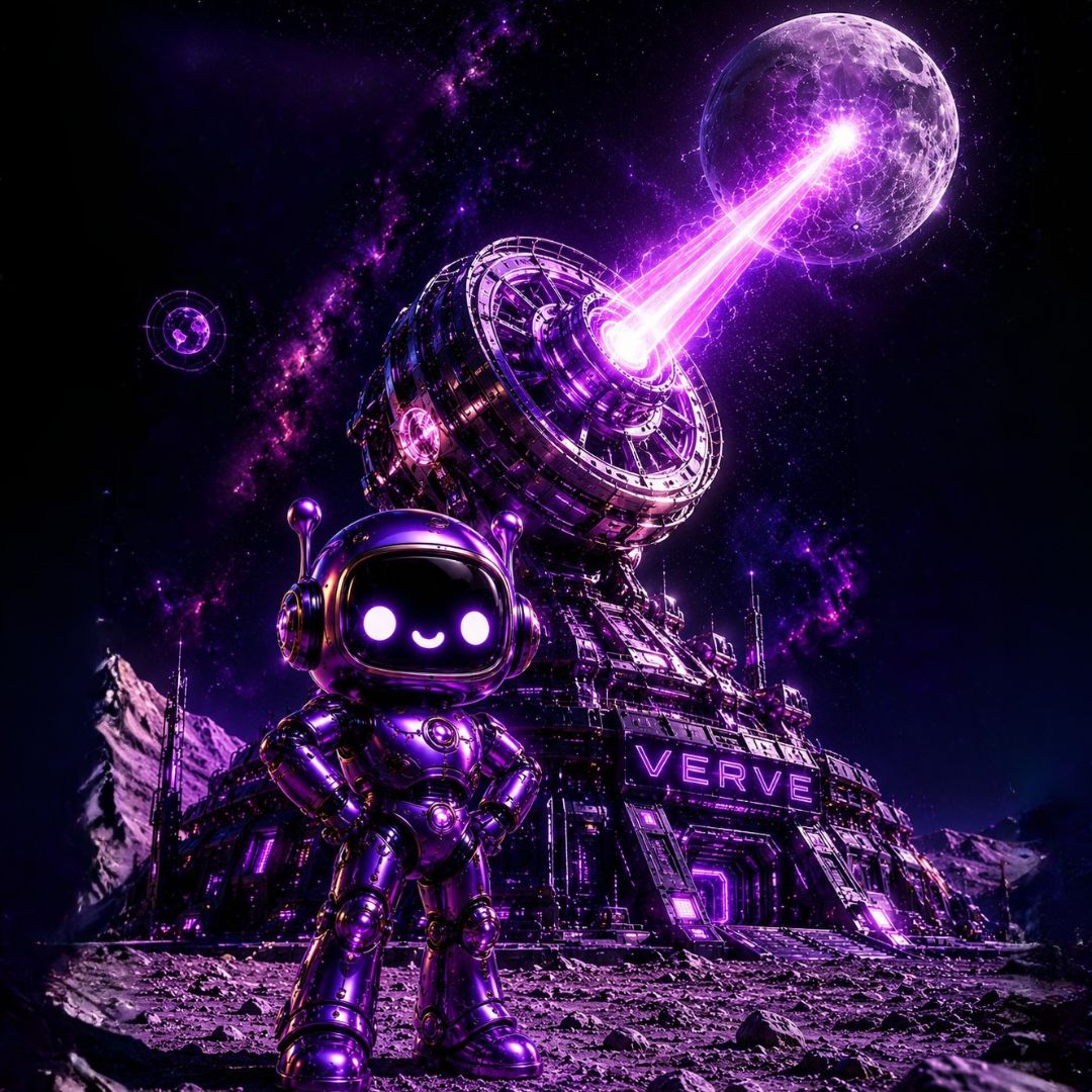 Verve the robot standing next to his moon laser.