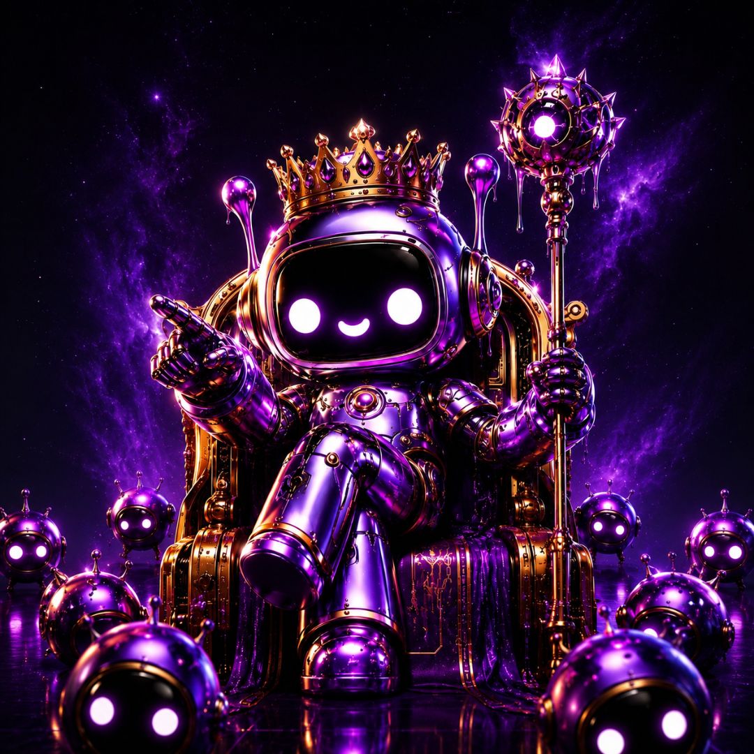 Verve the robot sitting on a throne.