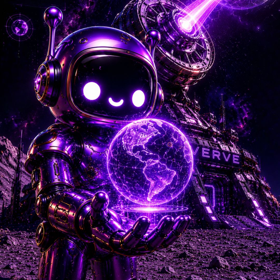 Robot holding a glowing Earth in a futuristic space setting with 'VERVE' in the background