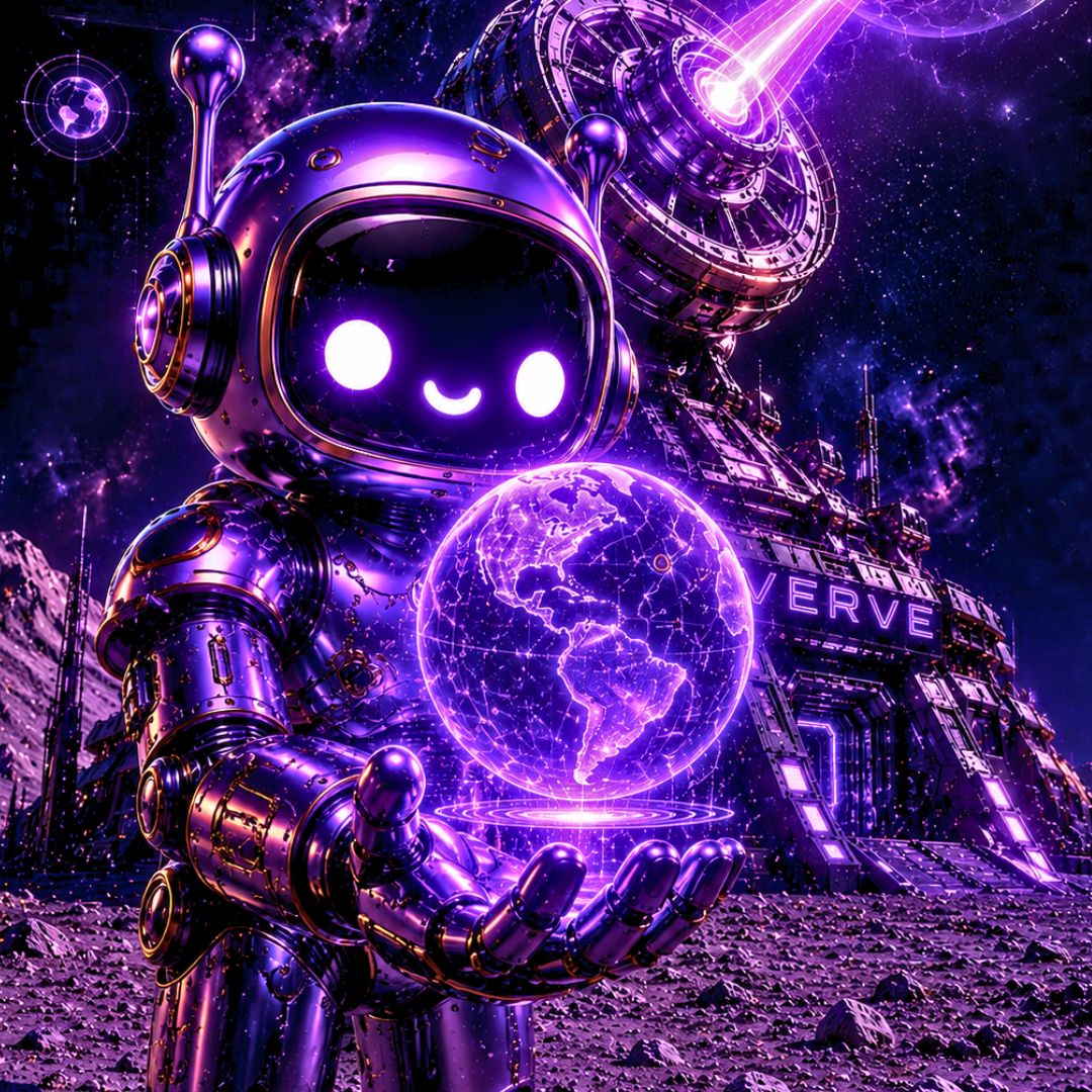 Robot holding a glowing Earth in a futuristic space setting with 'VERVE' in the background