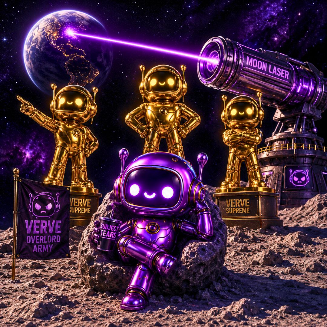 A stylized sci-fi scene on a moon-like surface with several metallic robot figures and a large telescope labeled MOON LASER. In the foreground, a purple robot sits on a rock.